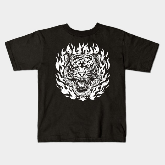TIGER FLAMES Kids T-Shirt by THE HORROR SHOP